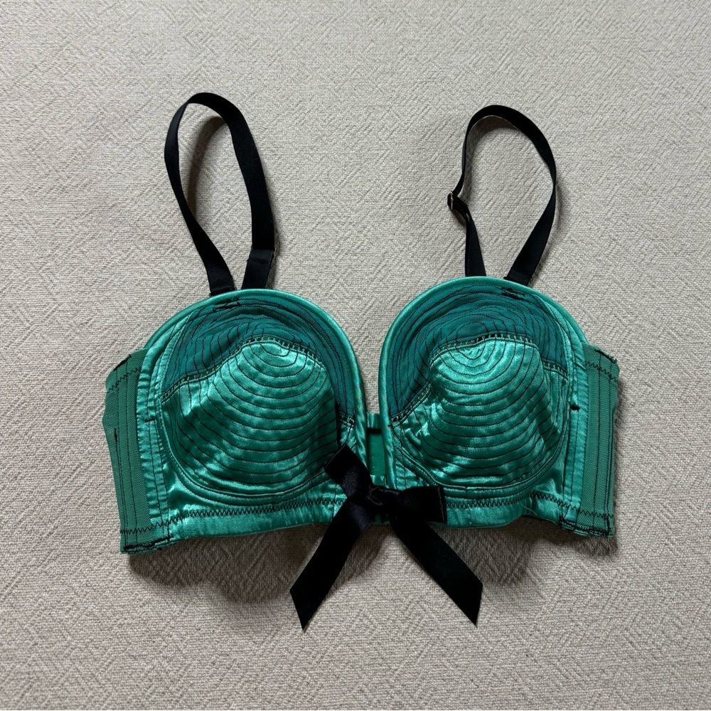 Bettie Page Emerald Green Satin Bra with Black Trim